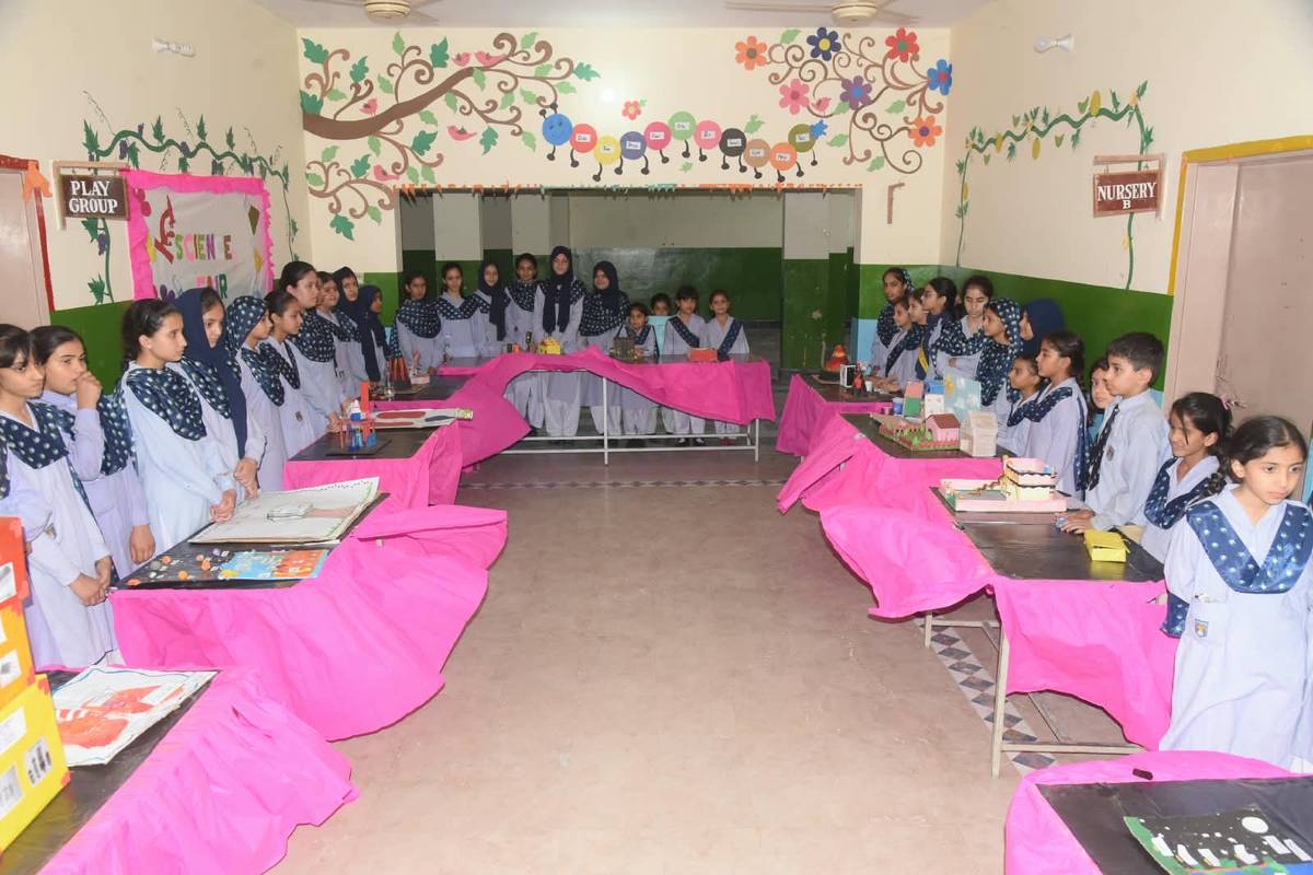 Students at the art exhibition